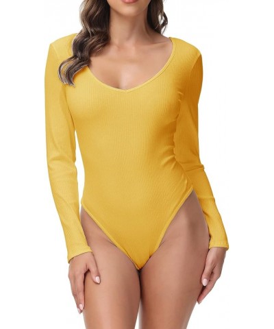 Women's Ribbed Sexy Deep V Neck Leotard Bodysuit Tops Stretchy Long Sleeve Bodycon Jumpsuits Yellow $14.40 Bodysuits