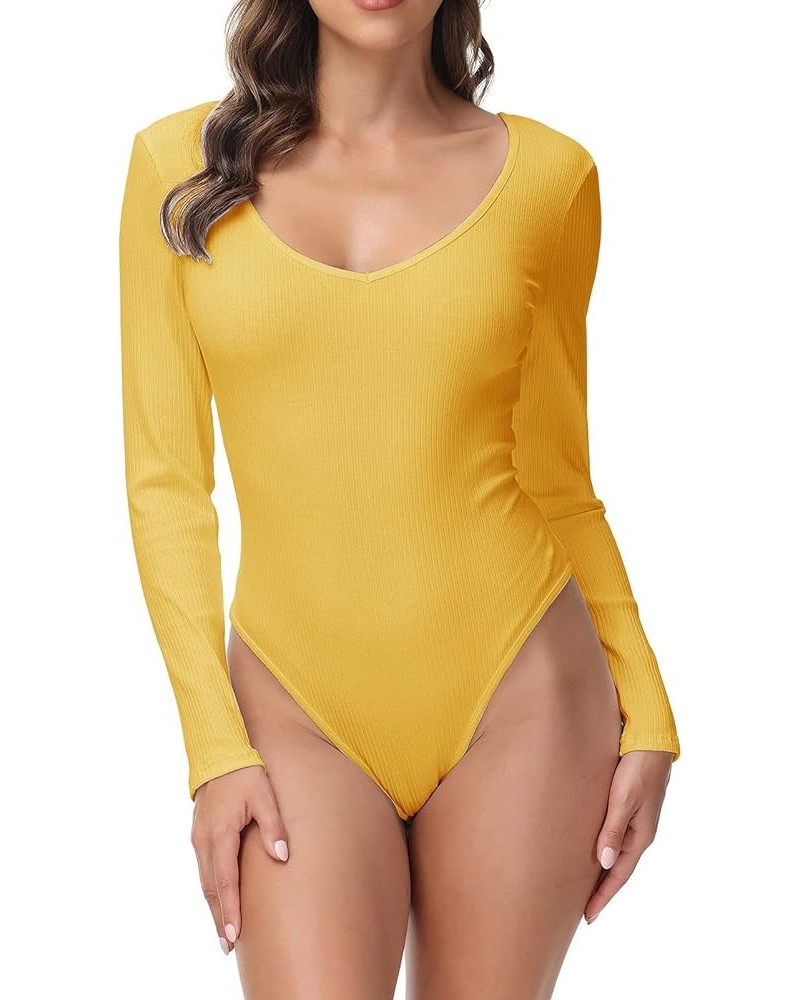 Women's Ribbed Sexy Deep V Neck Leotard Bodysuit Tops Stretchy Long Sleeve Bodycon Jumpsuits Yellow $14.40 Bodysuits