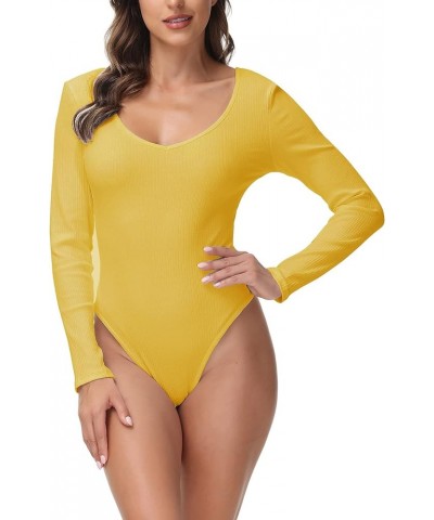 Women's Ribbed Sexy Deep V Neck Leotard Bodysuit Tops Stretchy Long Sleeve Bodycon Jumpsuits Yellow $14.40 Bodysuits