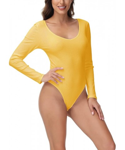 Women's Ribbed Sexy Deep V Neck Leotard Bodysuit Tops Stretchy Long Sleeve Bodycon Jumpsuits Yellow $14.40 Bodysuits