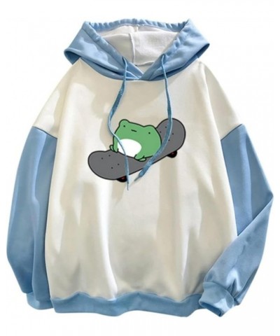 Womens 2024 Cute Frog Hoodies Kawaii Pullover Tops Skateboarding Frog Long Sleeve Sweatshirt for Teen Girls Blue $12.60 Hoodi...