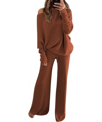 Womens 2 Piece Outfits One Shoulder Knit Sweater Pullovers Wide Leg Pants Sets Sweatsuit Tracksuit A-brown $29.89 Activewear