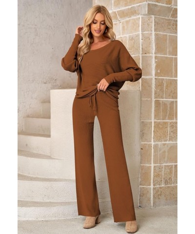 Womens 2 Piece Outfits One Shoulder Knit Sweater Pullovers Wide Leg Pants Sets Sweatsuit Tracksuit A-brown $29.89 Activewear