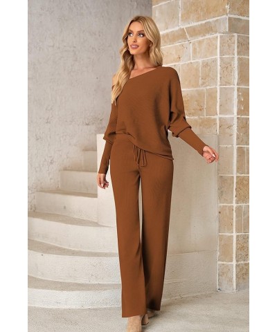 Womens 2 Piece Outfits One Shoulder Knit Sweater Pullovers Wide Leg Pants Sets Sweatsuit Tracksuit A-brown $29.89 Activewear