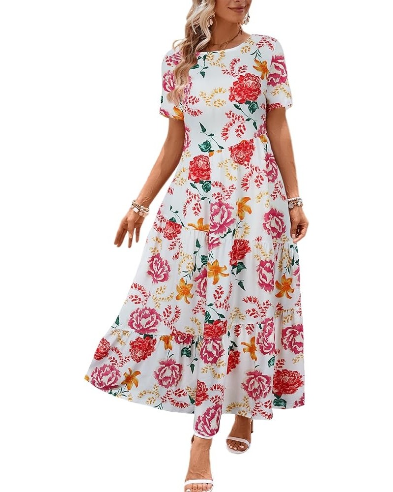 Women's Casual Boho Dress Floral Print Short Sleeve A Line Tiered Summer Beach Party Long Maxi Dresses White Floral $13.99 Dr...