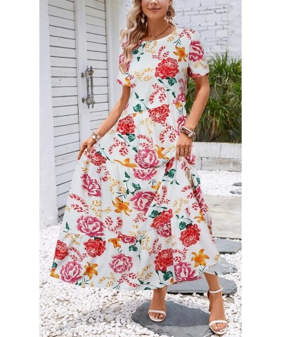 Women's Casual Boho Dress Floral Print Short Sleeve A Line Tiered Summer Beach Party Long Maxi Dresses White Floral $13.99 Dr...