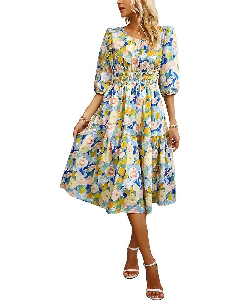 Women Summer Casual Boho Floral Round Neck Short Sleeve Smocked Waist Tiered Flowy Swing Midi Dress Blue/Yellow $20.99 Dresses