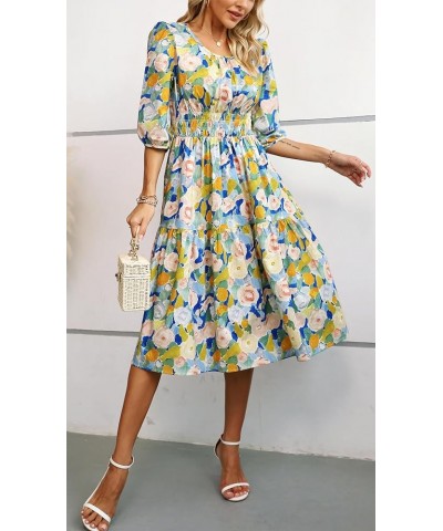 Women Summer Casual Boho Floral Round Neck Short Sleeve Smocked Waist Tiered Flowy Swing Midi Dress Blue/Yellow $20.99 Dresses