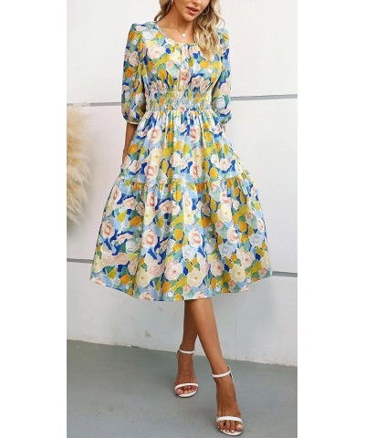 Women Summer Casual Boho Floral Round Neck Short Sleeve Smocked Waist Tiered Flowy Swing Midi Dress Blue/Yellow $20.99 Dresses