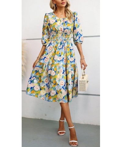 Women Summer Casual Boho Floral Round Neck Short Sleeve Smocked Waist Tiered Flowy Swing Midi Dress Blue/Yellow $20.99 Dresses