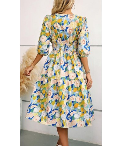 Women Summer Casual Boho Floral Round Neck Short Sleeve Smocked Waist Tiered Flowy Swing Midi Dress Blue/Yellow $20.99 Dresses