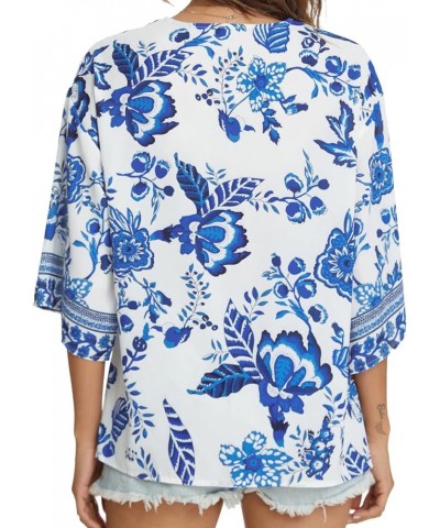 Women's 3/4 Sleeve Floral Printed Blouses V Neck Tunics Loose Tops Casual Shirts Bw $9.17 Tops