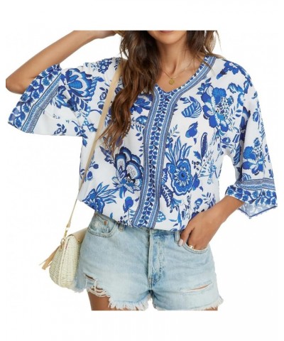 Women's 3/4 Sleeve Floral Printed Blouses V Neck Tunics Loose Tops Casual Shirts Bw $9.17 Tops