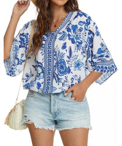 Women's 3/4 Sleeve Floral Printed Blouses V Neck Tunics Loose Tops Casual Shirts Bw $9.17 Tops