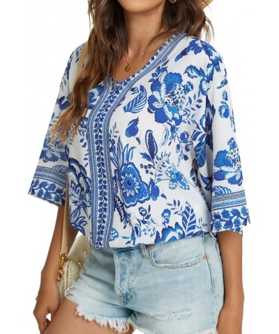 Women's 3/4 Sleeve Floral Printed Blouses V Neck Tunics Loose Tops Casual Shirts Bw $9.17 Tops