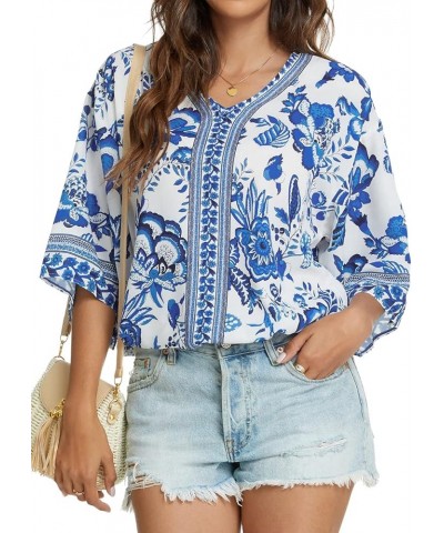 Women's 3/4 Sleeve Floral Printed Blouses V Neck Tunics Loose Tops Casual Shirts Bw $9.17 Tops