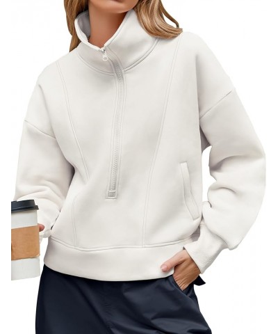 Womens Cropped Half Zip Sweatshirt Pullover Oversized Fleece Lined Jacket with Pockets White $10.99 Hoodies & Sweatshirts