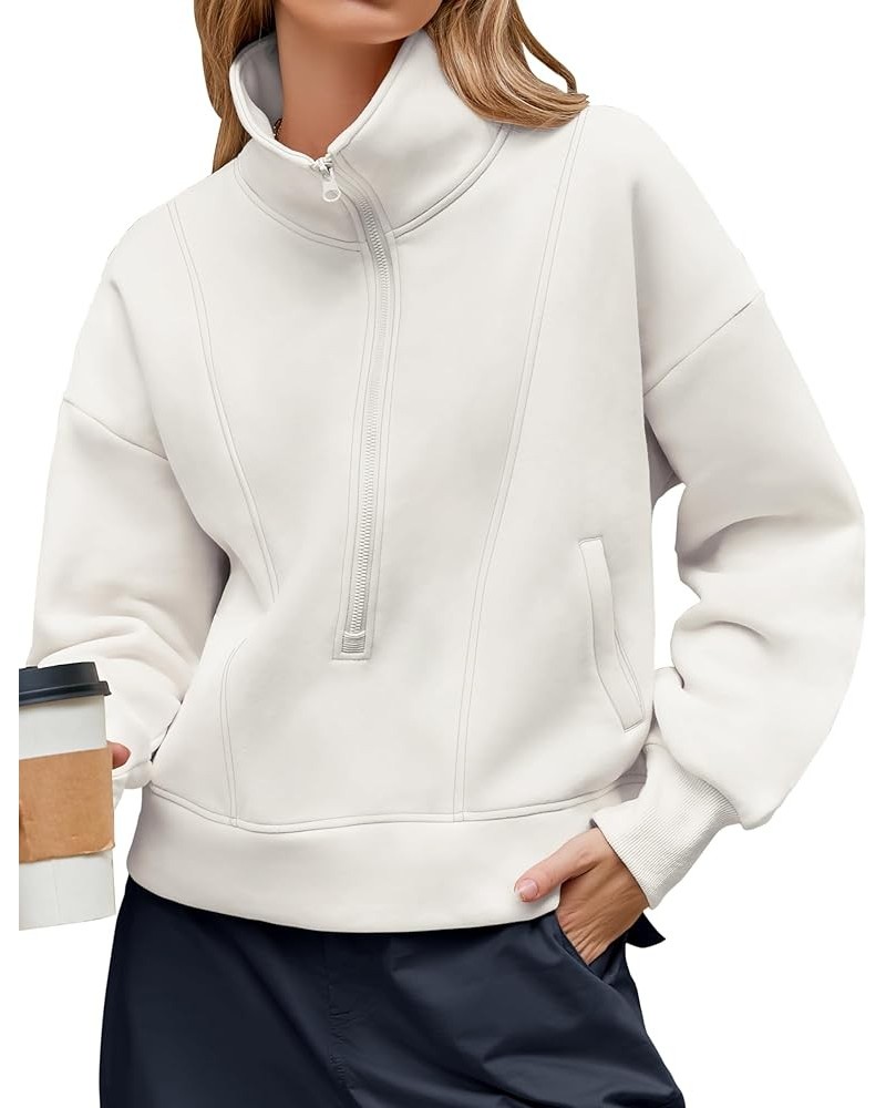 Womens Cropped Half Zip Sweatshirt Pullover Oversized Fleece Lined Jacket with Pockets White $10.99 Hoodies & Sweatshirts