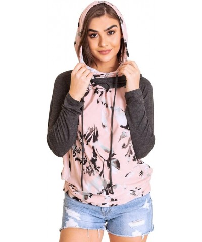 Eloges Women's Floral/Stripe Print Raglan Double Layered Hoodie Charcoal/Pink $26.09 Hoodies & Sweatshirts