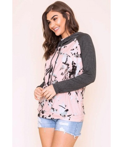 Eloges Women's Floral/Stripe Print Raglan Double Layered Hoodie Charcoal/Pink $26.09 Hoodies & Sweatshirts