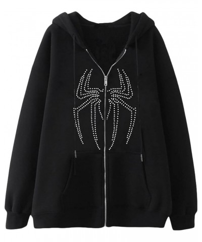 Oversized Zip Up Hoodie Sweatshirt for Women Teen Girls Y2k Gothic Skeleton Rhinestones Halloween Pullover Jacket Black 17 $1...