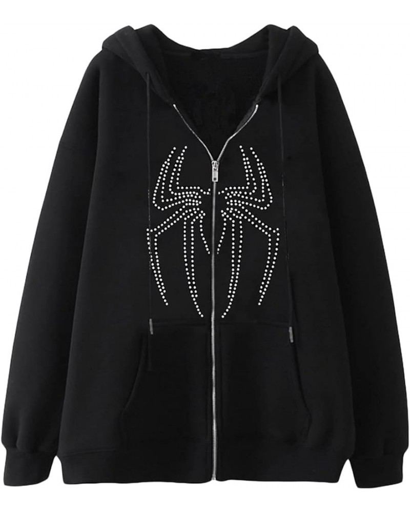 Oversized Zip Up Hoodie Sweatshirt for Women Teen Girls Y2k Gothic Skeleton Rhinestones Halloween Pullover Jacket Black 17 $1...