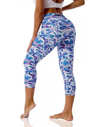 Pattern Printed Capri Leggings with Pockets for Women Tummy Control Workout Yoga Capris Purple Waves $10.71 Leggings