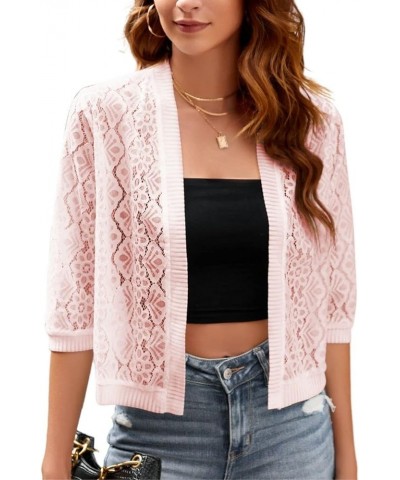 Women’s Casual Summer Lace Cardigan 3/4 Sleeve Floral Crochet Cardigans Shrug Sweaters 01 Pink $11.75 Sweaters