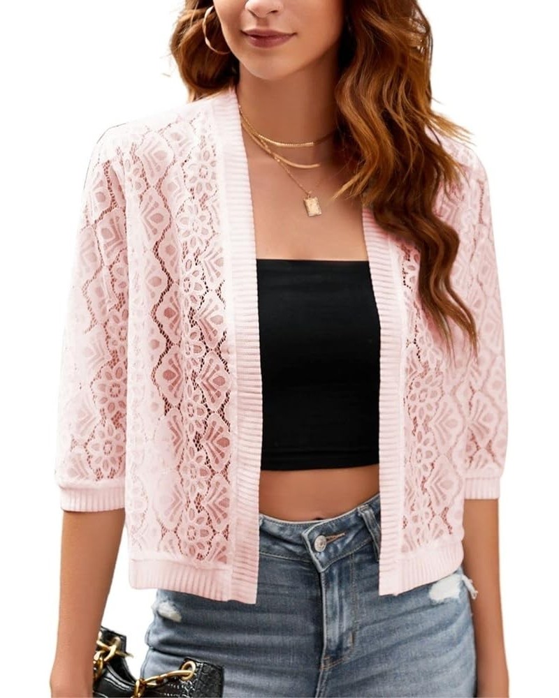 Women’s Casual Summer Lace Cardigan 3/4 Sleeve Floral Crochet Cardigans Shrug Sweaters 01 Pink $11.75 Sweaters