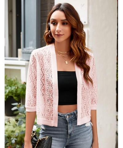 Women’s Casual Summer Lace Cardigan 3/4 Sleeve Floral Crochet Cardigans Shrug Sweaters 01 Pink $11.75 Sweaters