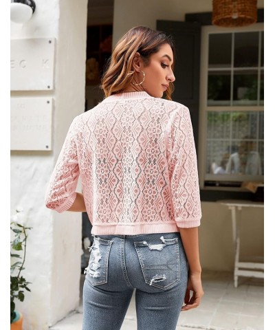 Women’s Casual Summer Lace Cardigan 3/4 Sleeve Floral Crochet Cardigans Shrug Sweaters 01 Pink $11.75 Sweaters