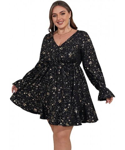 Women's Plus Size Galaxy Print V Neck Flounce Long Sleeve Swing Dress Drak Black $28.79 Dresses