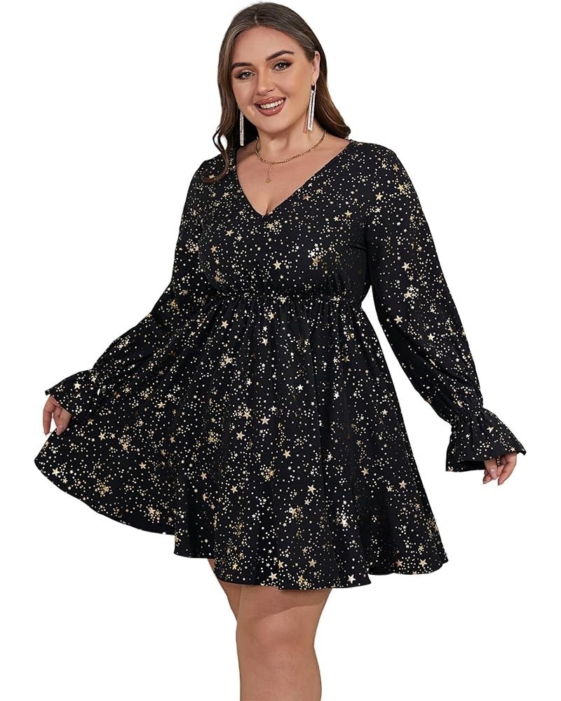 Women's Plus Size Galaxy Print V Neck Flounce Long Sleeve Swing Dress Drak Black $28.79 Dresses