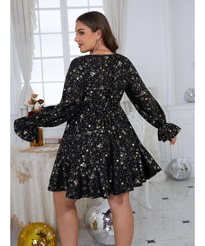 Women's Plus Size Galaxy Print V Neck Flounce Long Sleeve Swing Dress Drak Black $28.79 Dresses