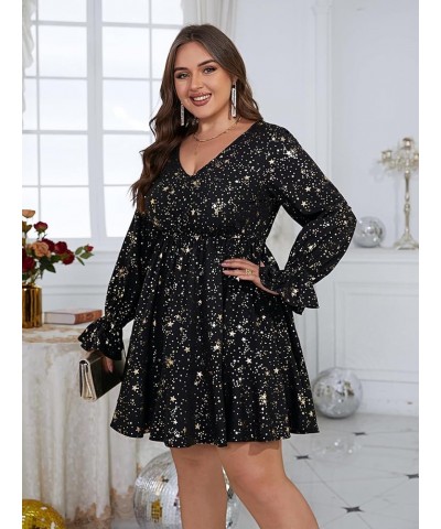 Women's Plus Size Galaxy Print V Neck Flounce Long Sleeve Swing Dress Drak Black $28.79 Dresses