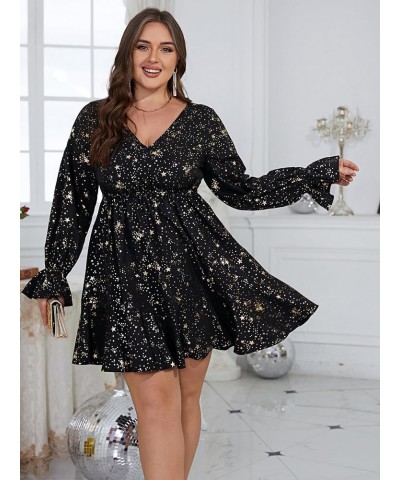 Women's Plus Size Galaxy Print V Neck Flounce Long Sleeve Swing Dress Drak Black $28.79 Dresses