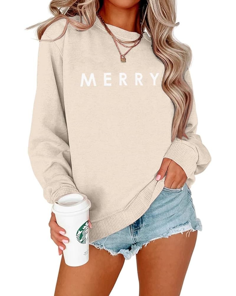 Merry Christmas Sweatshirt for Women Funny Xmas Graphic Pullover Crewneck long Sleeve Loose Tops Khaki $17.22 Hoodies & Sweat...