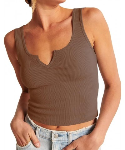 Women's Sleeveless Shirt Ribbed Fitted Scoop Neck Basic Long Crop Tank Top V Notch 01 Mocha Coffee $10.32 Tanks