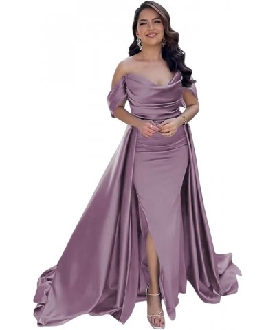 Off Shoulder Prom Dresses with Slit Long Satin Formal Dresses for Women Tight Pleated Evening Gowns Wisteria $32.76 Dresses