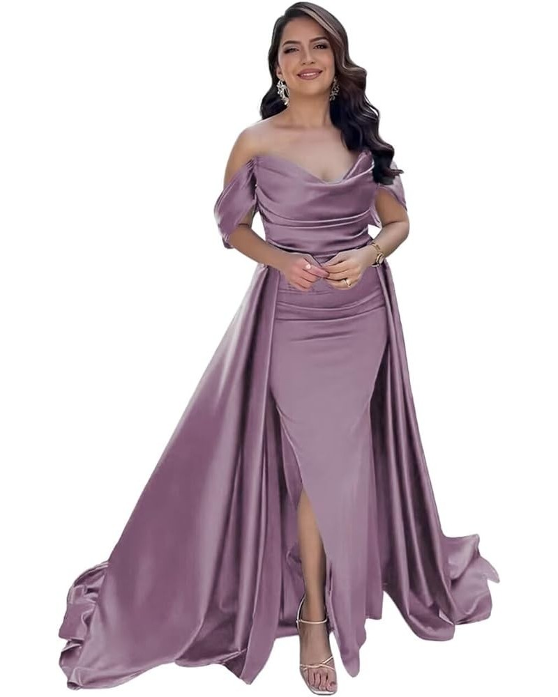 Off Shoulder Prom Dresses with Slit Long Satin Formal Dresses for Women Tight Pleated Evening Gowns Wisteria $32.76 Dresses