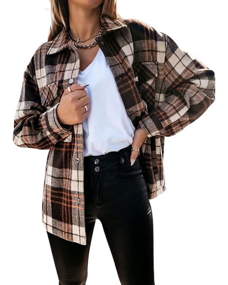 Womens Casual Plaid Shacket Wool Blend Long Sleeve Button Down Shirt Jacket Khaki $10.39 Blouses