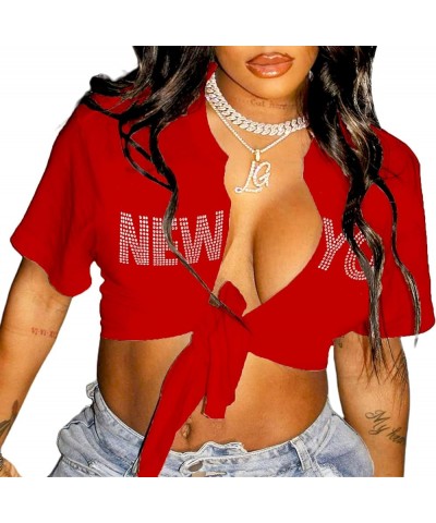 Sexy Graphic Crop Tops for Women Summer Short Sleeve Tie up Tee Shirt Ny Red $11.98 T-Shirts