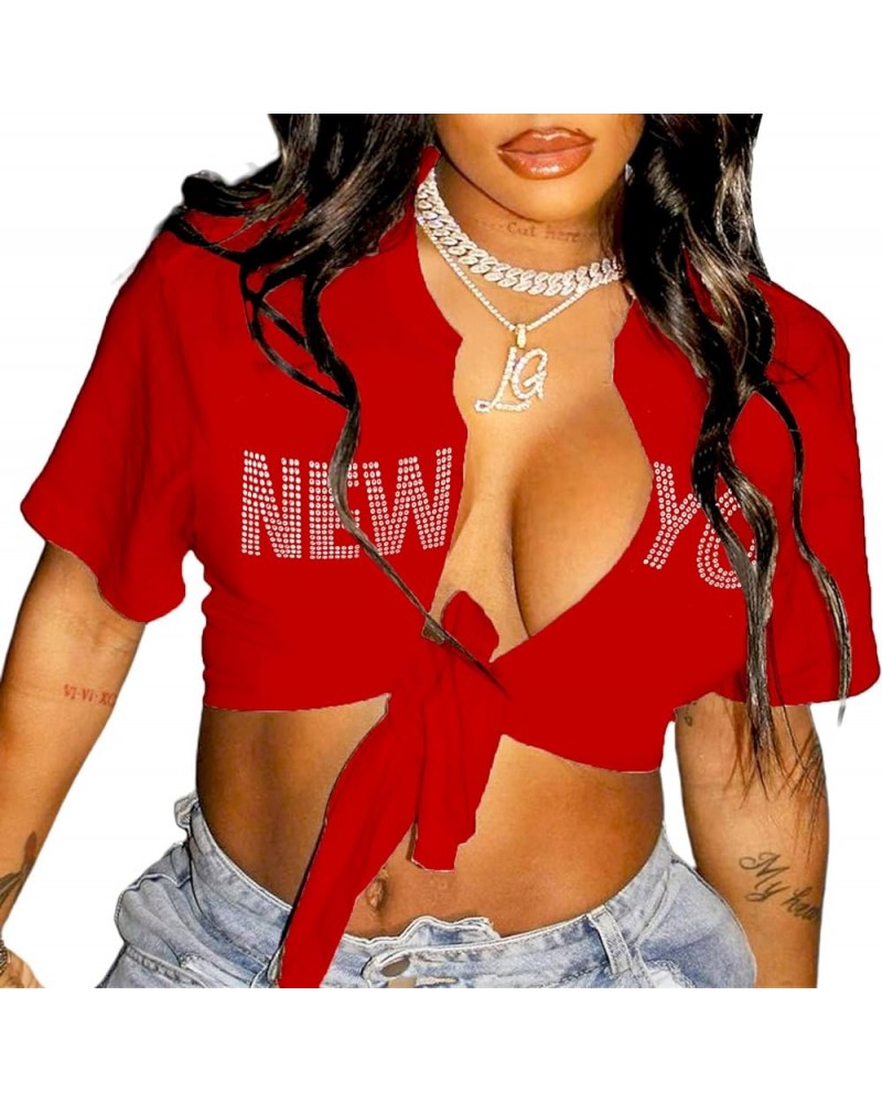 Sexy Graphic Crop Tops for Women Summer Short Sleeve Tie up Tee Shirt Ny Red $11.98 T-Shirts