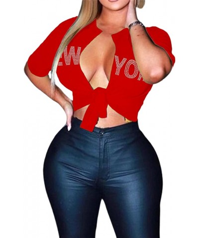 Sexy Graphic Crop Tops for Women Summer Short Sleeve Tie up Tee Shirt Ny Red $11.98 T-Shirts