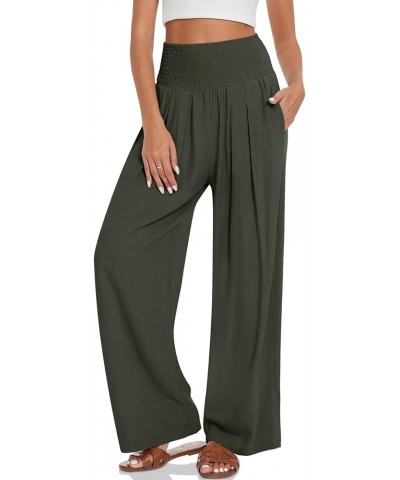 Women's Linen Palazzo Pants Wide Leg High Waisted Lounge Casual Beach Pants with Pockets Army Green $15.54 Pants