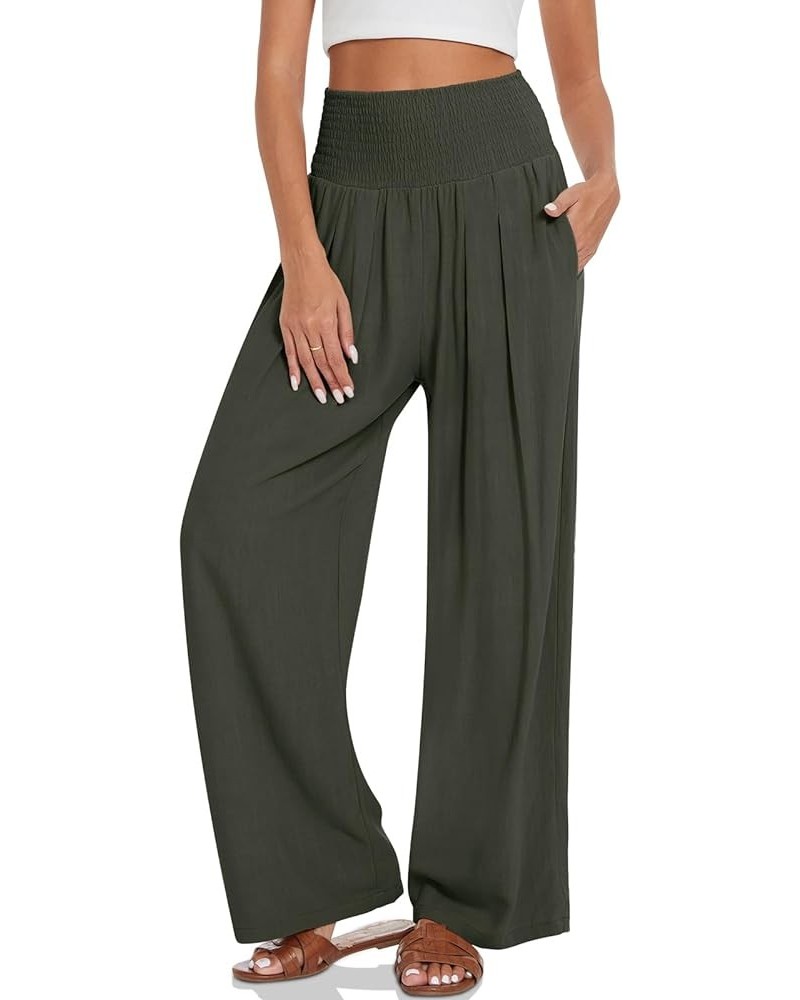 Women's Linen Palazzo Pants Wide Leg High Waisted Lounge Casual Beach Pants with Pockets Army Green $15.54 Pants