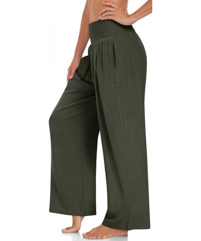 Women's Linen Palazzo Pants Wide Leg High Waisted Lounge Casual Beach Pants with Pockets Army Green $15.54 Pants