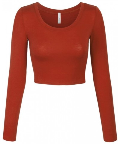 Womens Long Sleeve Crop Top Solid Round Neck T Shirt 224_rust $14.15 T-Shirts