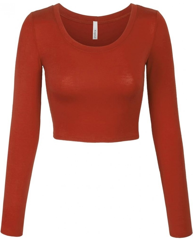 Womens Long Sleeve Crop Top Solid Round Neck T Shirt 224_rust $14.15 T-Shirts