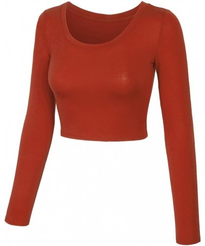 Womens Long Sleeve Crop Top Solid Round Neck T Shirt 224_rust $14.15 T-Shirts